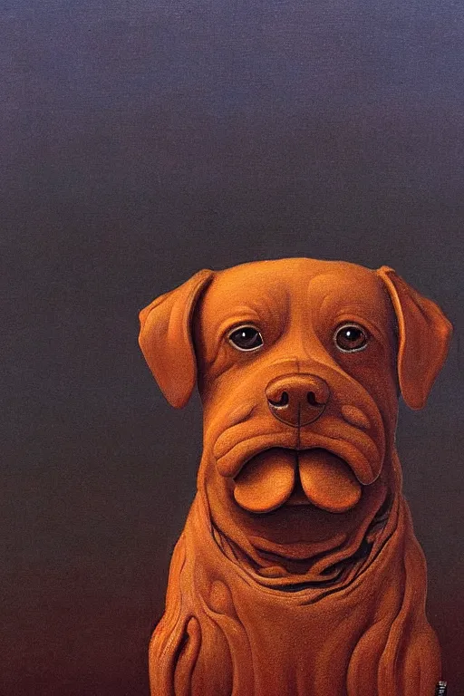 Image similar to painting of a very cute dog consisting entirely of british baked beans, dog is made of baked beans, baked bean skin texture, by zdzislaw beksinski, by dariusz zawadzki, by wayne barlowe, gothic, surrealism, cosmic horror, lovecraftian, cold hue's, warm tone gradient background, concept art, beautiful composition