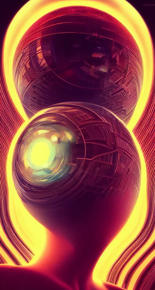 Image similar to art deco close up portait of head surrounded by spheres, like a dream digital painting curvalinear cinematic dramatic fluid lines otherworldly vaporwave interesting details epic composition by artgerm