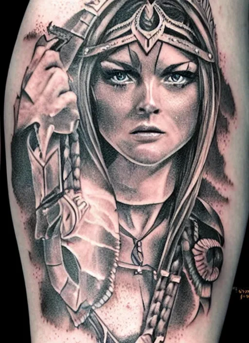 Image similar to tattoo design of a hyper - realistic beautiful girl warrior, hyper detailed, in the design of eliot kohek, white background