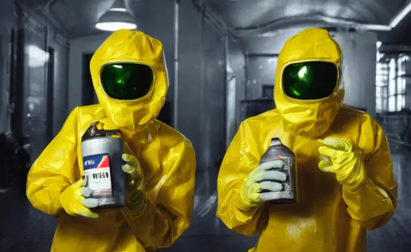 Image similar to a stereotypical gray alien in a yellow hazmat suit handling a glowing can of mountain dew with oversized gloves