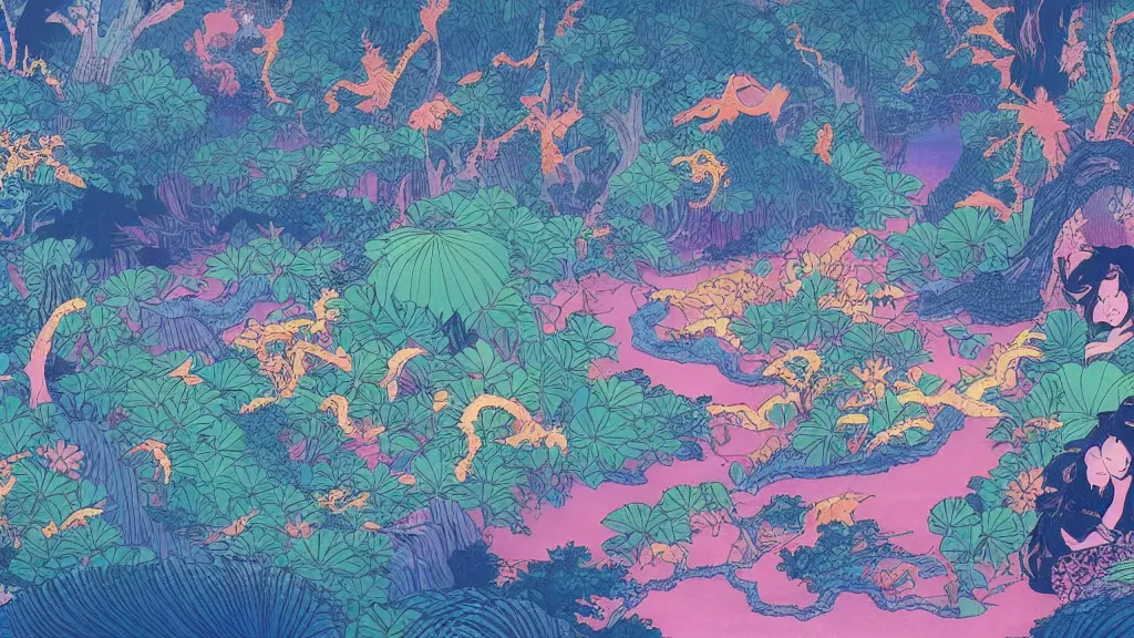 Prompt: a glowing magical jungle in the style of hokusai, firefly, fantasy, nature, pastel, digital art.