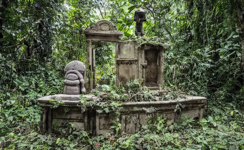 Image similar to ancient jungle altar with giant statue of SpongeBob, abandoned, overgrown, atmospheric, cgisociety