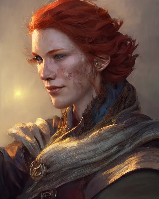 Image similar to the elder scrolls vi, charismatic rugged female redhead breton mage portrait, illustration, rim light, top light, perfectly shaded, golden hour, epic, intricate, soft painting, art by ross tran, krenz cushart and wenjun lin
