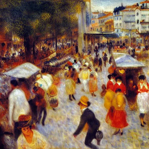 Image similar to Painting of a street market, portugal, by Renoir, Jean Béraud, busy, movement, impressionist, early morning, somber colours