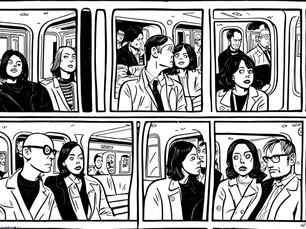 Image similar to a detailed comic panel by Daniel Clowes, 3/4 low angle view shot of two people sitting in an empty Chicago subway train, in front of windows: a sad Aubrey Plaza in a parka and a friendly Mads Mikkelsen in a suit