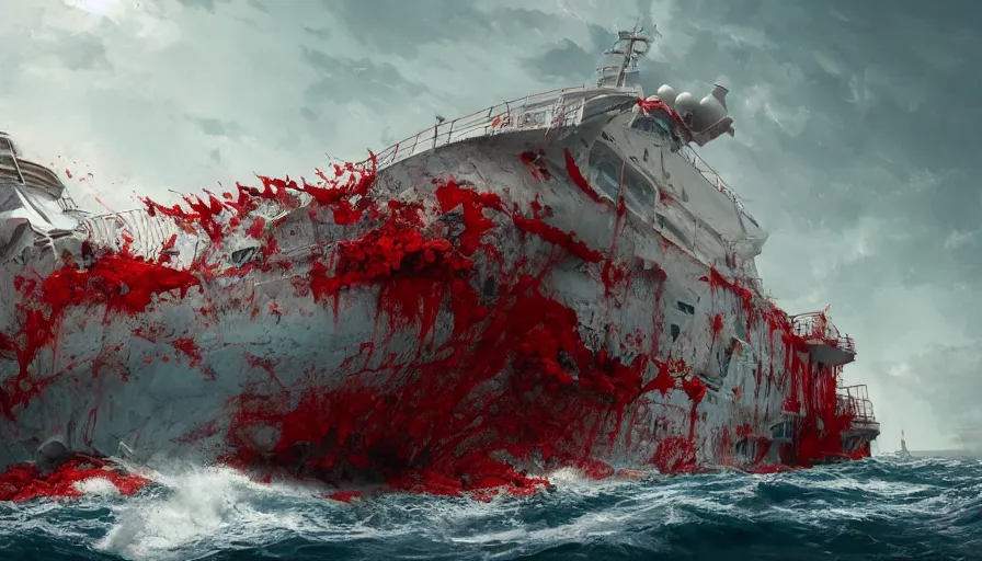 Prompt: cruise ship sinking in blood sea, hyperdetailed, artstation, cgsociety, 8 k