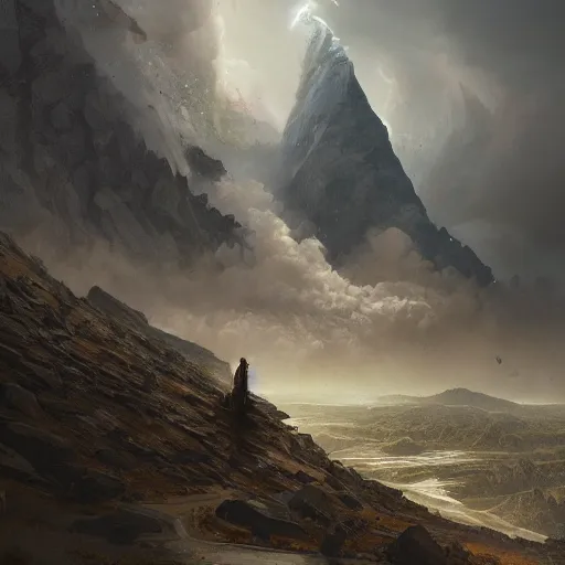 Prompt: a beautiful stunning insanely detailed complex matte painting of a robot wanderer looking at a tornado in the distance, mountains, epic scale, vast, by Greg Rutkowski, artstation