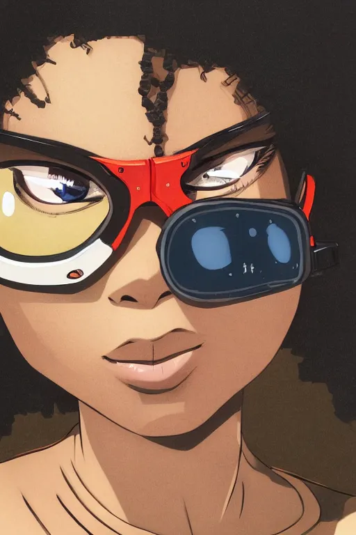 Image similar to face of a beautiful girl wearing goggles, dark skin, big hair, symmetrical, ilya kuvshinov, jamie hewlett, yoji shinkawa, muted colors, portrait, beautiful detailed illustration, 17th century oil painting, flat colors, studio ghibli, cel shading, loish, pop art,