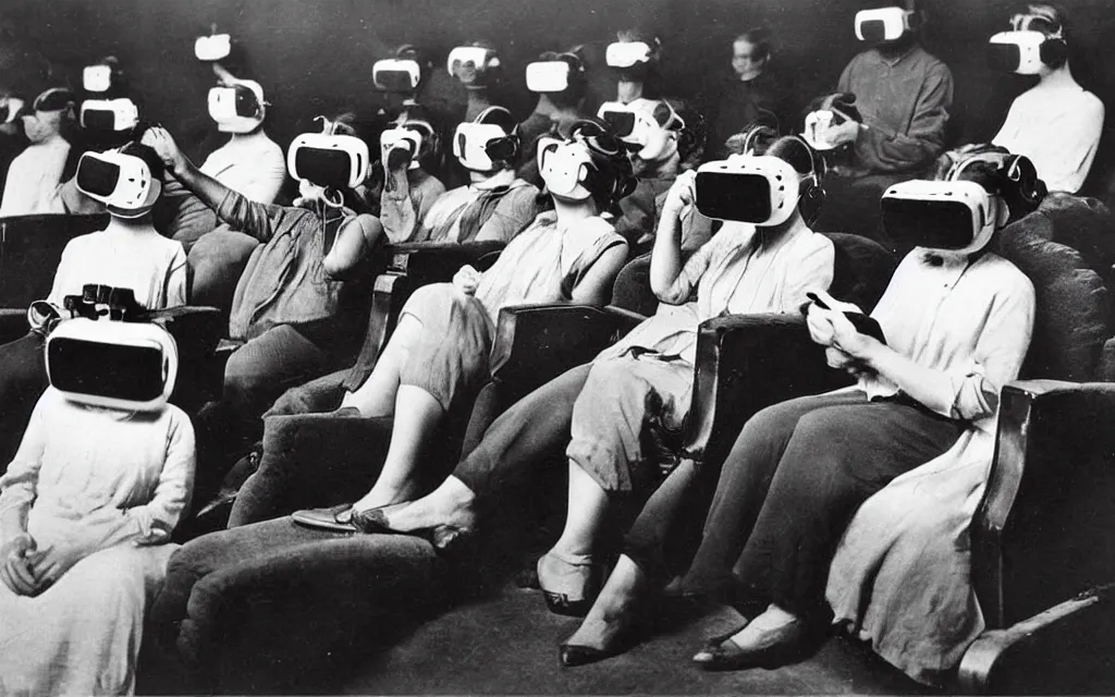 Image similar to 1 9 0 0 s photo of people using iphones ipods virtual reality headsets vr watching hd tv in a movie theater