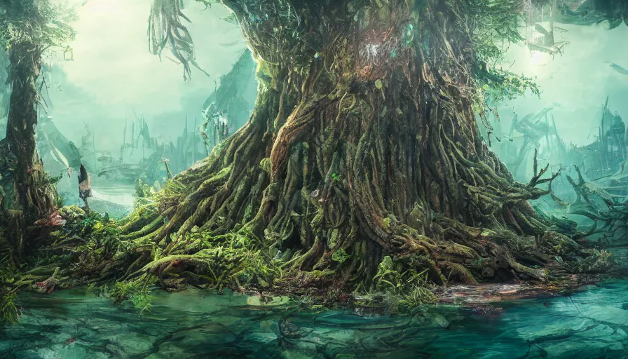 Image similar to ben lo illustration of the largest tree in the world inside rapture in the center of a lake, bioshock concept art, solarpunk, hopeful, colorful, flowers, deity, unreal engine, hyper realism, realistic shading, cinematic composition, realistic render, octane render, detailed textures, photorealistic, wide shot