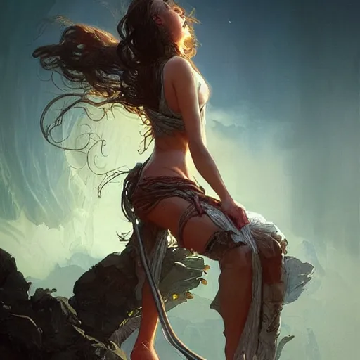 Image similar to a woman climbing out of a computer screen, D&D, fantasy, intricate, highly detailed, digital painting, artstation, concept art, smooth, sharp focus, illustration, art by artgerm and greg rutkowski and alphonse mucha