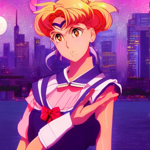 Prompt: portrait of sailor moon, city background, rich vivid colors, ambient lighting, dynamic lighting, 4k, HQ, official media, anime key visual, makoto shinkai, ilya kuvshinov, lois van baarle, rossdraws, detailed, trending on artstation