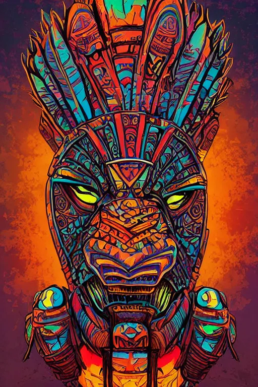 Image similar to totem animal tribal chaman vodoo mask feather gemstone plant wood rock video game illustration vivid color borderlands by josan gonzales and dan mumford radiating a glowing aura