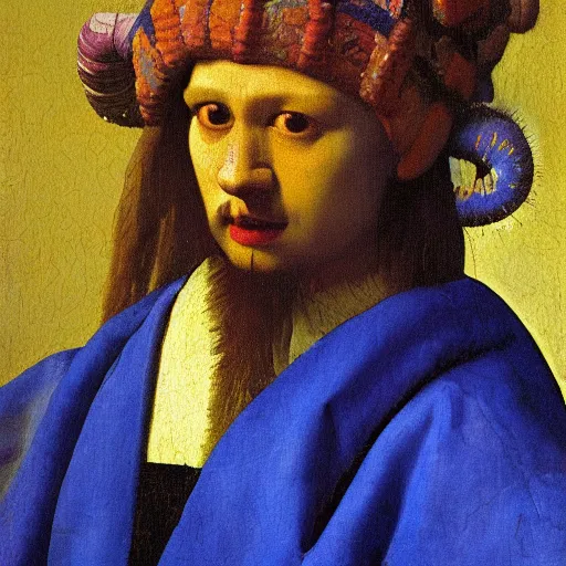 Image similar to high quality high detail painting by johannes vermeer, portrait of the quetzalcoatl, hd, muted lighting