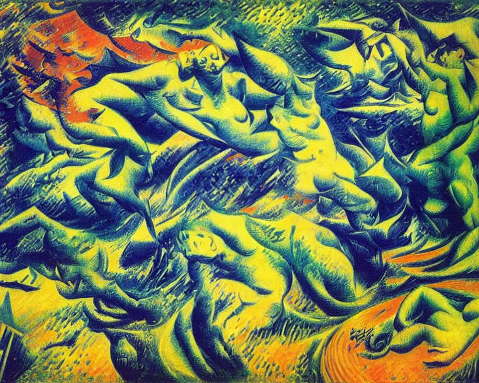 Image similar to a monsoon by umberto boccioni. detailed, proportional, romantic, enchanting, achingly beautiful, graphic print, trending on artstation, jungle, tropical, foliage