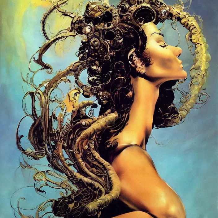 Image similar to portrait of a woman with swirling hair and fractal skin by frank frazetta, retrofuturism, psychedelic art reimagined by industrial light and magic