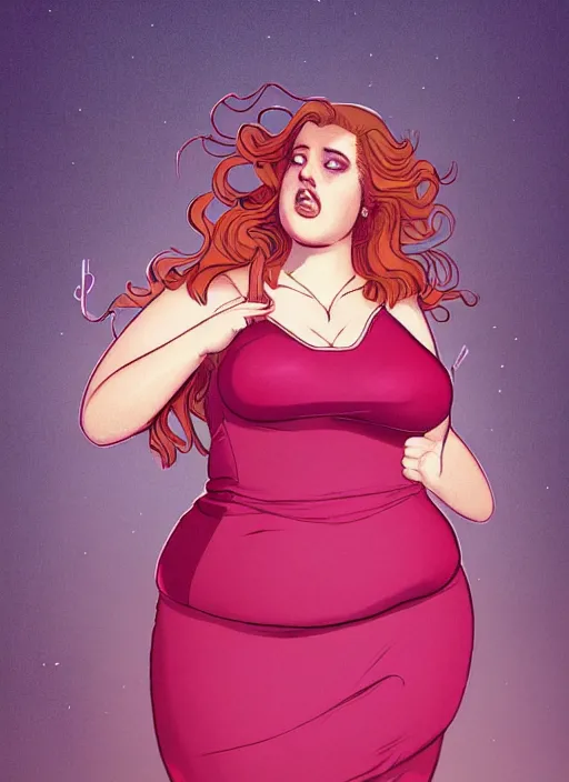 Image similar to full body portrait of teenage cheryl blossom, obese, bangs, green eyes, sultry expression, red hair, sultry smirk, bangs and wavy hair, pink skirt, obese, intricate, elegant, glowing lights, highly detailed, digital painting, artstation, concept art, smooth, sharp focus, illustration, art by wlop, mars ravelo and greg rutkowski