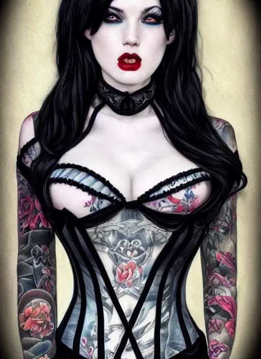 Image similar to two beautiful pale skin cosplay girls, gray eyes, black hair, fully tattooed body, fishnet corset with choker, symmetrical, beautiful detailed face, masterpiece, paint by magali villeneuve