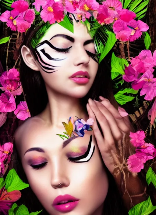 Image similar to a beautiful portrait of a beautiful woman with eyes closed in the jungle surrounded by pink flowers, tribal face paintings, matte painting, fantasy art