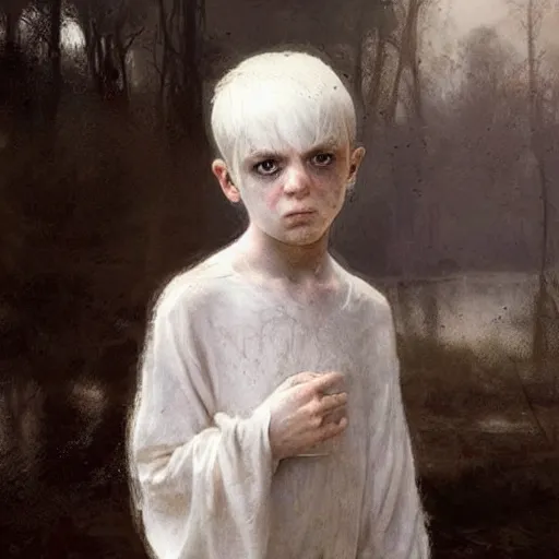 Prompt: a ghost boy with white!!!!!! hair quietly watching the living continue their lives. waterhouse. geoffroy thoorens