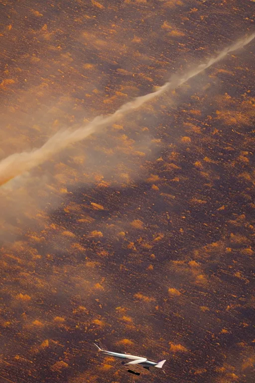 Image similar to airplane window view, flying above a drying landscape and huge fire