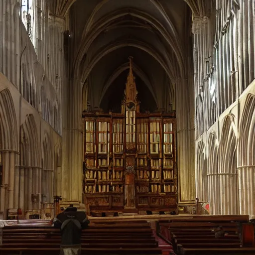 Prompt: a renaissance painting of a man sitting on the seat of a pipe organ inside of a cathedral, the man is tiny im comparison to the size of the cathedral.