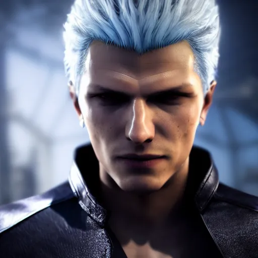 Vergil, the stoic demon hunter from devil may cry 5, amidst an ethereal  blue aura