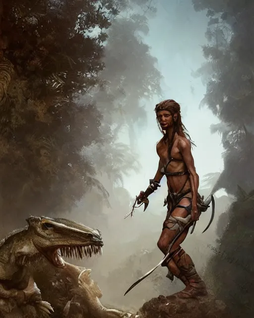 Image similar to hyper realistic photo of prehistoric hunter girl full body, cinematic, artstation, cgsociety, greg rutkowski, james gurney, mignola, craig mullins, jean baptiste monge, brom