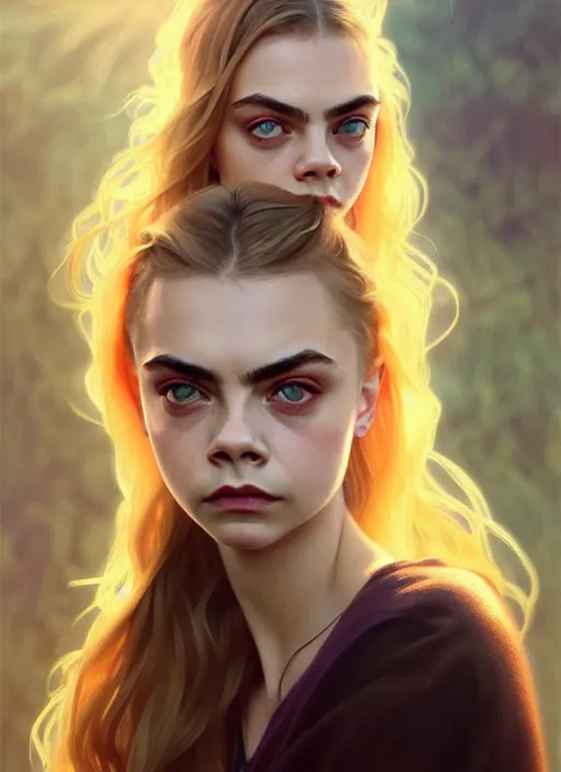 Image similar to half cara delevingne half Anya Taylor-Joy a pure gorgeous seductive angel, full body portrait, slight smile, diffuse natural sun lights, autumn lights, highly detailed, digital painting, artstation, concept art, sharp focus, illustration, art by wlop and greg rutkowski and alphonse mucha and artgerm