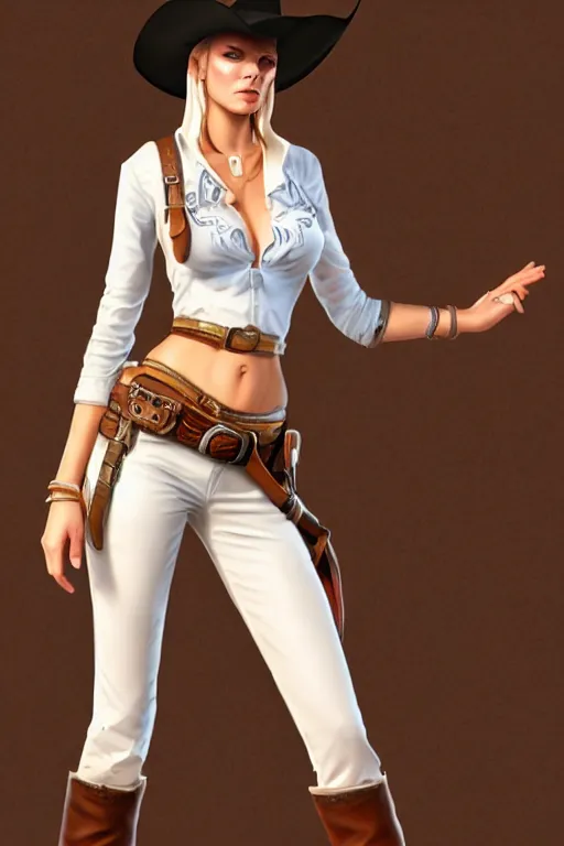 Image similar to full body, female cowgirl, perfect face, white blouse, holster, 8 k, magic the gathering, desert, d & d, artstation, high detail, smooth, sweaty