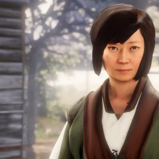 Prompt: toph beifong in red dead redemption 2, blind, character render, full body shot, highly detailed, in game render