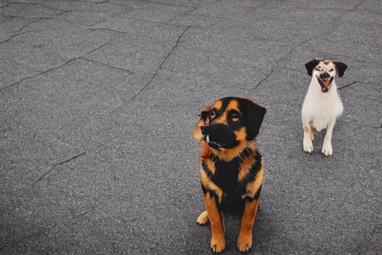 Image similar to a dramatic photo of a puppy standing at the edge of a roof