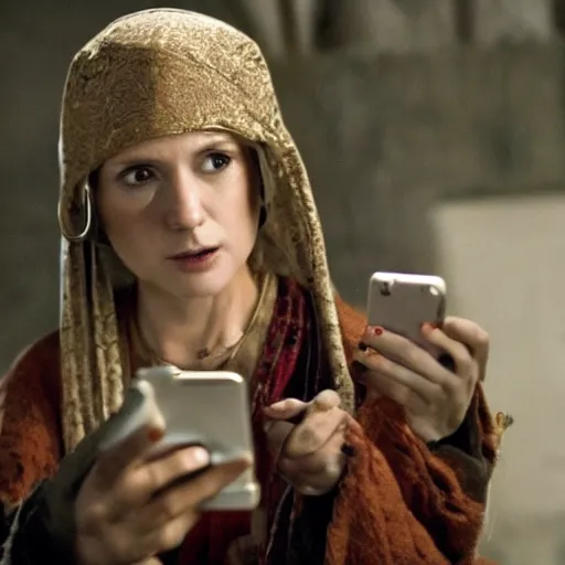 Image similar to scene from a 2 0 1 0 film set in 1 3 0 0 showing a woman using a mobile phone