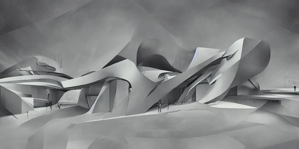 Prompt: Zaha Hadid works and le corbusier works and Mies van der rohe wrok in the same photo inspired by Where weird things happen by Daniele Gay on art station and inspired by Mining by Risa lin on art station