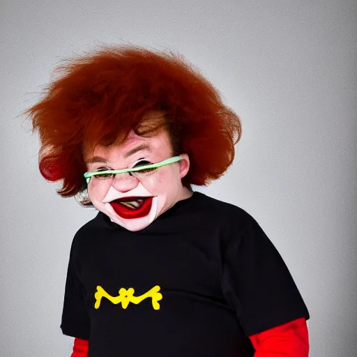 Image similar to portrait of down syndrome midget ronald mcdonald sharp focus, 4 k editorial photograph, soft lighting, black background