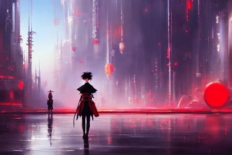 Image similar to baroque oil painting of anime key visual concept art of a samurai girl, red futuristic concrete cityscapes, background chinese futuristic city, trending on artstation, palette knife and brush strokes, oil on canvas, style of makoto shinkai greg rutkowski studio ghibli