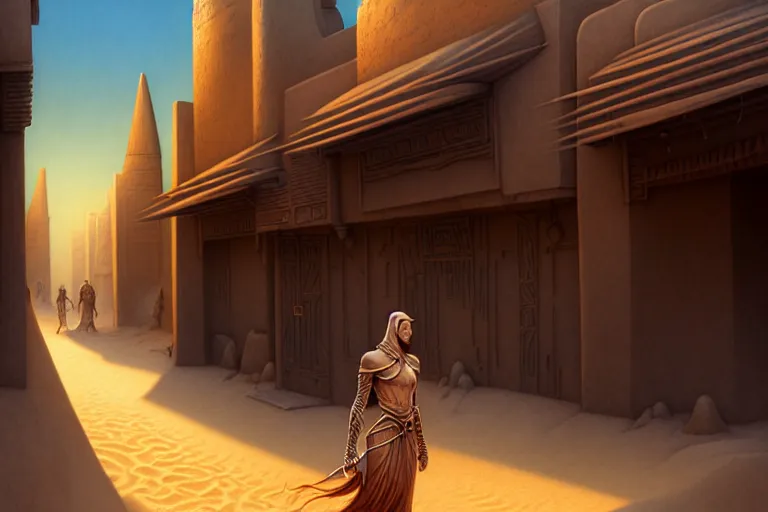 Image similar to a highly detailed bazaar street in the dune city of tyr from the land of athas, amazing dark sun digital painting, by gerald brom, brom digital art, intricate details, ultra realistic, beautiful art, volumetric lighting, stylized cell shading, warm colors advance cool colors recede, by brom, trending cgsociety, artstation, rim lighting, 8 k