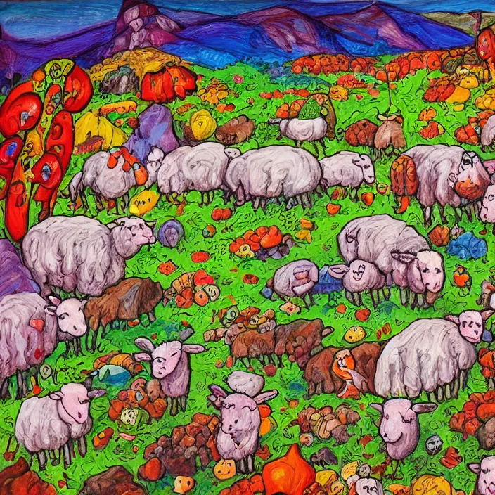 Image similar to several dead sheep, mountains of gigantic fruit, naivistic art, childrens drawing, story book illustration, expressive, expressionistic, outsider art, colorful, schizophrenic, paranoid