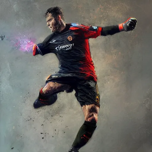 Prompt: A realistic hyperdetailed multi-colored digital oil full body portrait painting of a fat goal keeper jumping saving a shot, black jersey, short hair, in the style of Guy Denning, Ruan Jia, and Craig Mullins. Trending on ArtStation and DeviantArt. CGSociety Digital art.