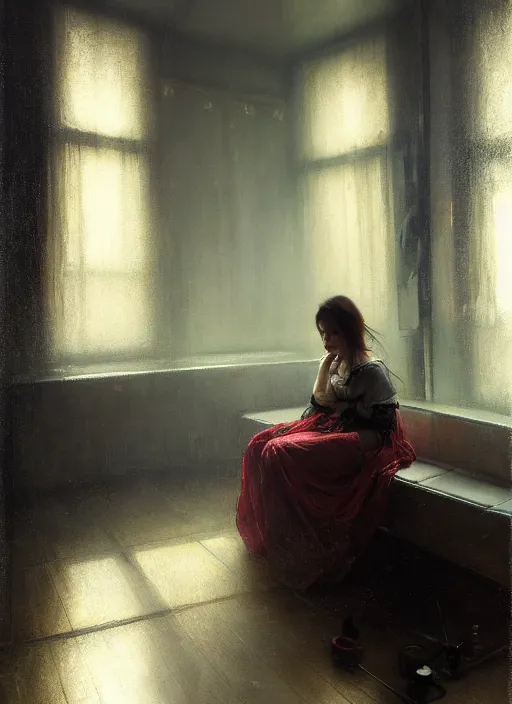 Image similar to a portrait of beautiful woman sitting in the floor, inside a modern apartment, detailed oil painting, misty, ethereal, dramatic lighting, 8 k, by jeremy mann and ruan jia and alphonse mucha