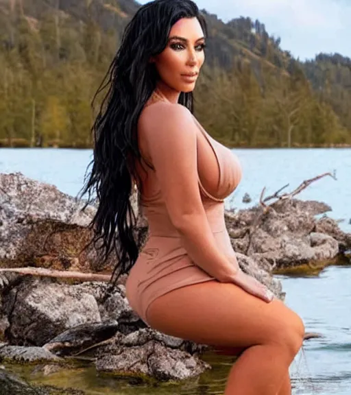 Image similar to candid photo of kim kardashian wearing a hooters outfit sitting by a lake