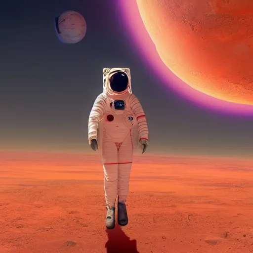 Image similar to A wide angle shot from below of a female astronaut with a feminine body walking with swagger towards camera on mars in an infinite universe , synthwave digital art