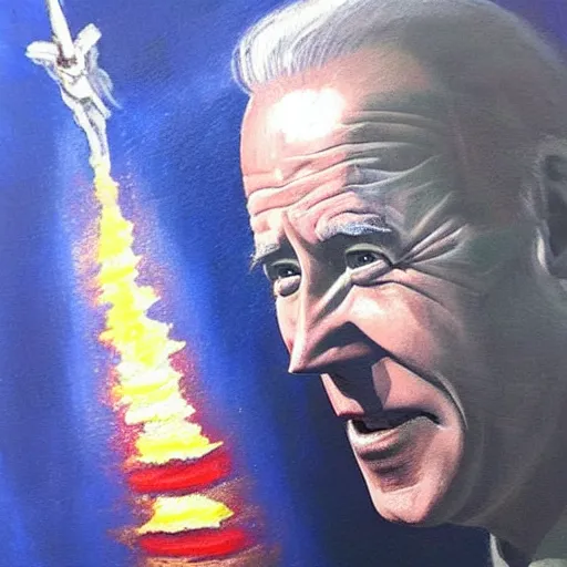 Image similar to Joe Biden flying in the sky as a divine god, Biden has glowing red eyes, oil painting