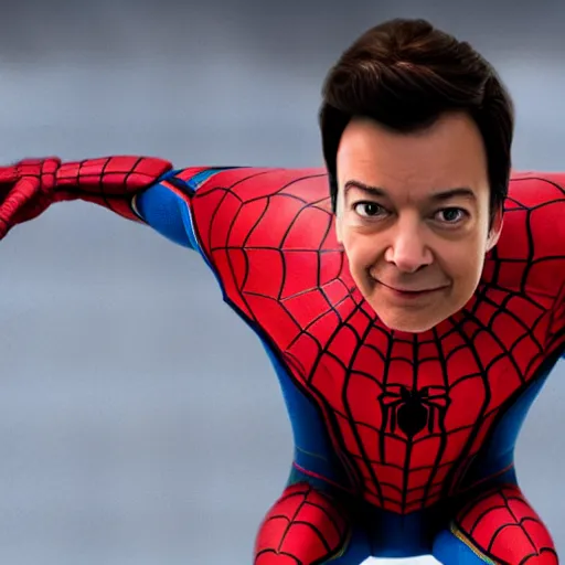 Image similar to jimmy fallon as spider man, spider - man homecoming movie, movie still, 8 k