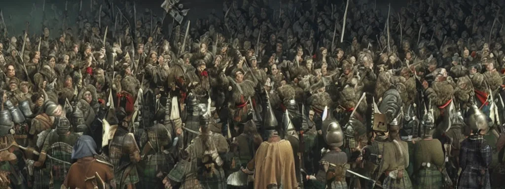 Image similar to William wallace giving speech in front of an army of Scottish highlanders, claymation, wallace and grommit, realistic volumetric lighting