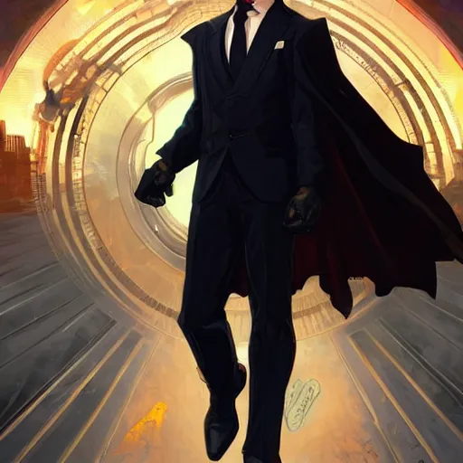 Prompt: character concept, wide angle, full body, symmetrical head - on centralized, young man with black - tinted glasses, formal black suit and has superpowers. detailed, high quality, dynamic lightning, fantasy, scenematic. artwork by artgerm, wlop, alex ross, greg rutknowski, alphonse mucha