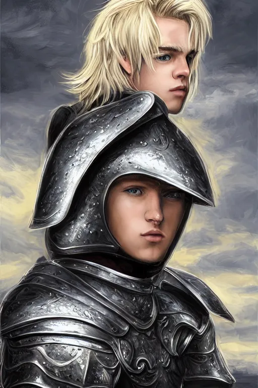 Image similar to a blonde male teenager wearing a silver plate armor, digital painting, digital art, oil painting, masterpiece, realistic and detailed face, profile picture, realistic, highly detailed, high quality, symmetrical, low contrast, trending on deviantart, soft colors, soft lighting, face portrait, beautiful, elegant, castle in the background, bokeh, artgem style