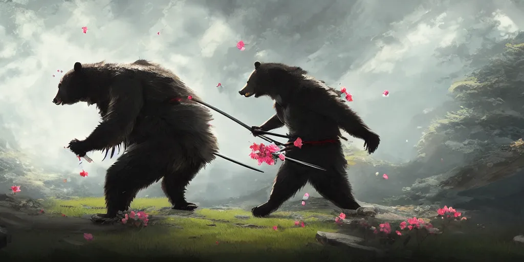 Image similar to an environmental concept art of anthropomorphic asian black bear samurai, samurai duel, sakura petals blowing in the wind, highly detailed, environmental light, cinematic by francis tneh