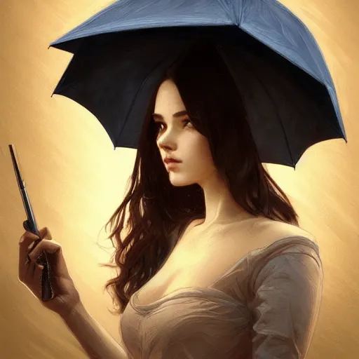 Prompt: portrait of a young woman holding an umbrella, raining, at night, looking sad, intricate, headshot, highly detailed, digital painting, artstation, concept art, sharp focus, cinematic lighting, illustration, art by artgerm and greg rutkowski, alphonse mucha, cgsociety