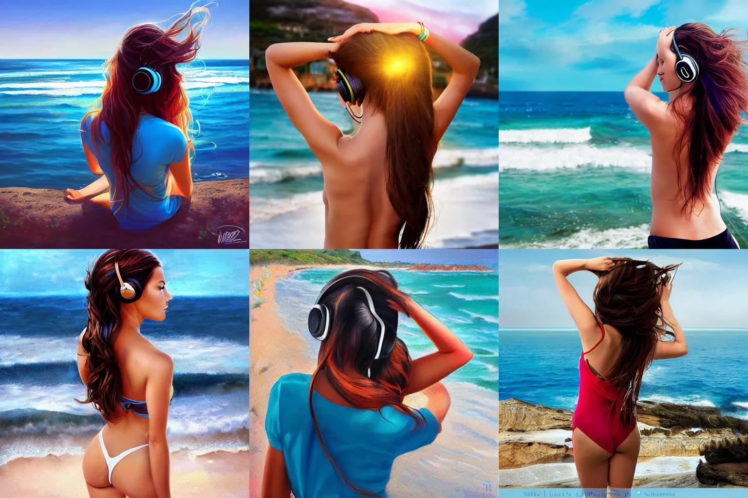 Prompt: back view of a beautiful woman with long hair and a confident expression looking at the sea, wearing headphones, vivid colors, art by Artgerm and Mark Arian